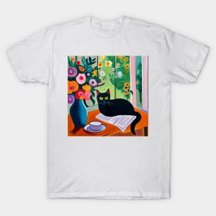 Black Cat with Flowers in Blue Vase Still Life Painting T-Shirt